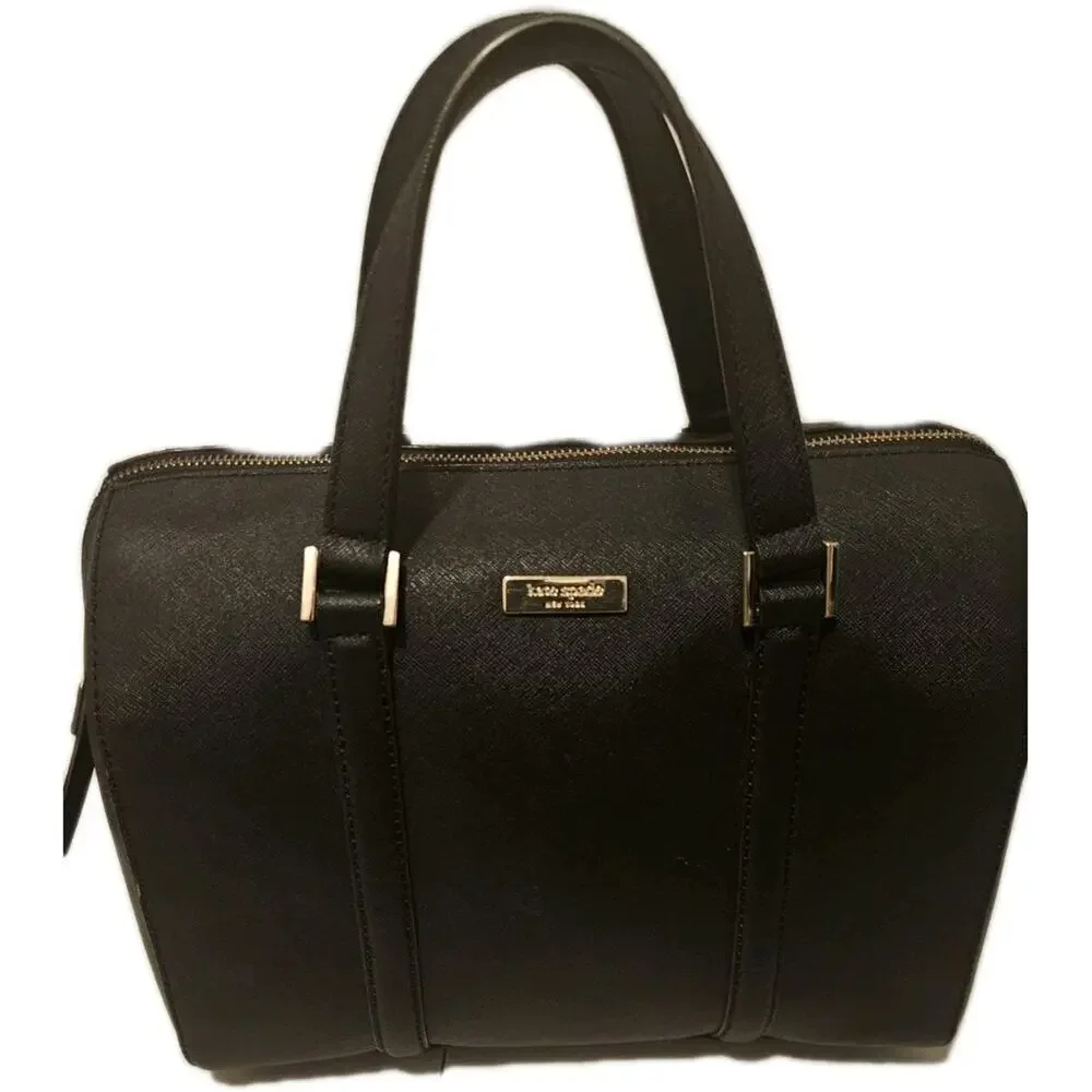 Kate Spade Women Black Geometric Saffiano Leather Satchel Top Handle Medium Bag